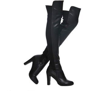 Women Black Faux Suede Chunky Heel Stretch Over The Knee Thigh High Long Boots